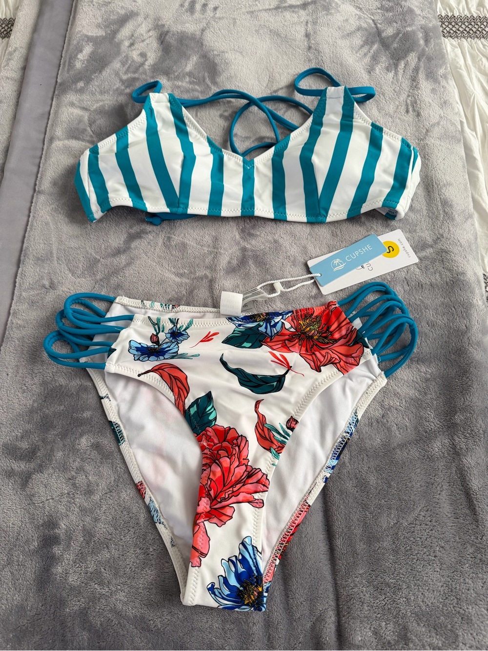 Cupshe Teal Striped Bikini Top with White Floral Bottoms